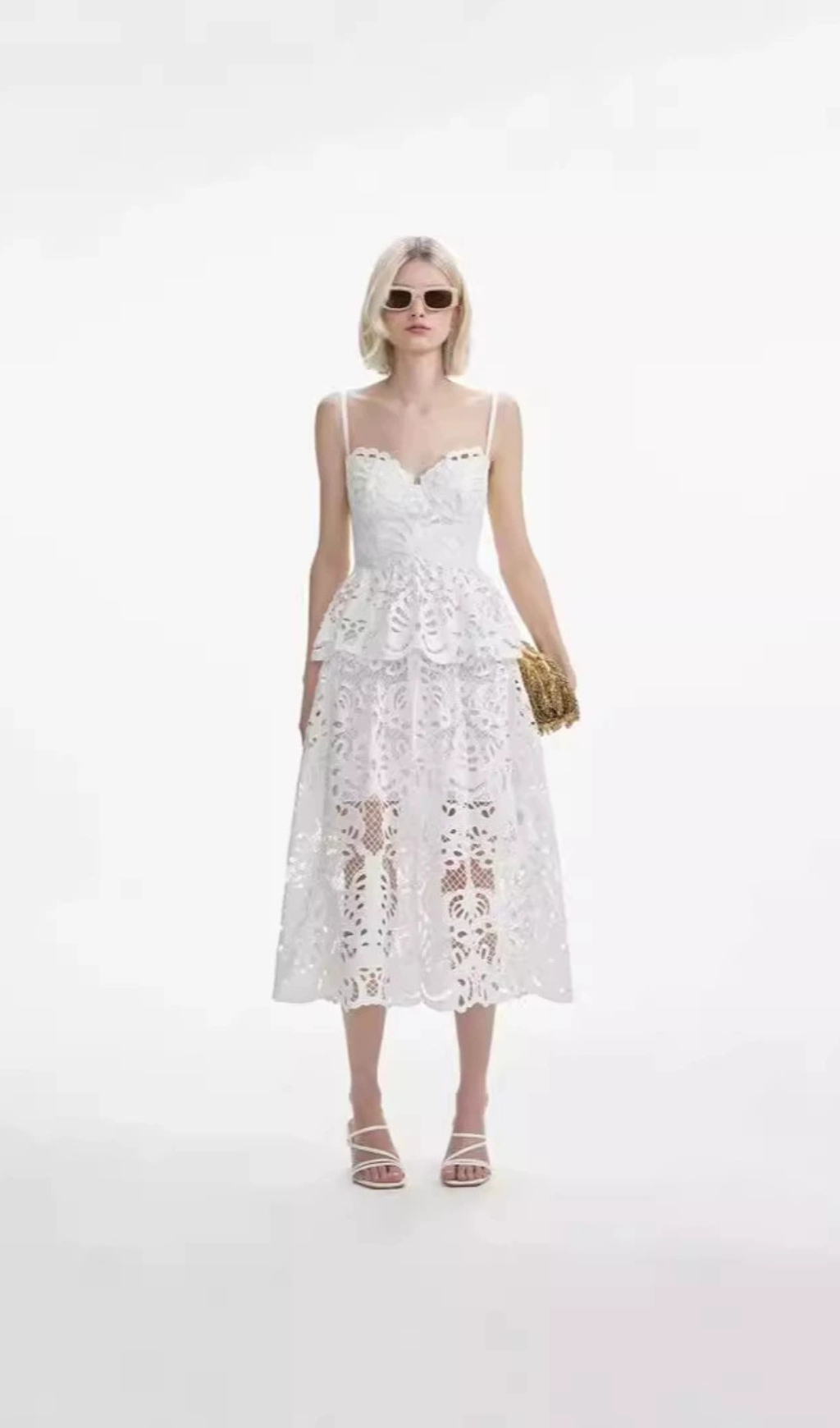 EVELYN CUT OUT LACE LAYERING MIDI DRESS IN WHITE