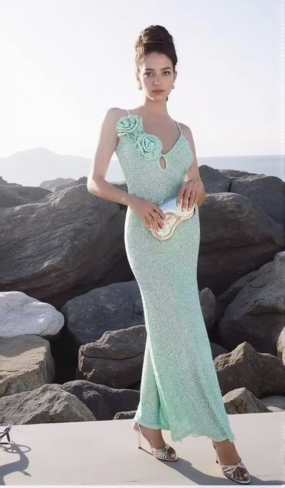 TEAL FLORAL EMBELLISHED BODYCON SEQUIN MAXI DRESS