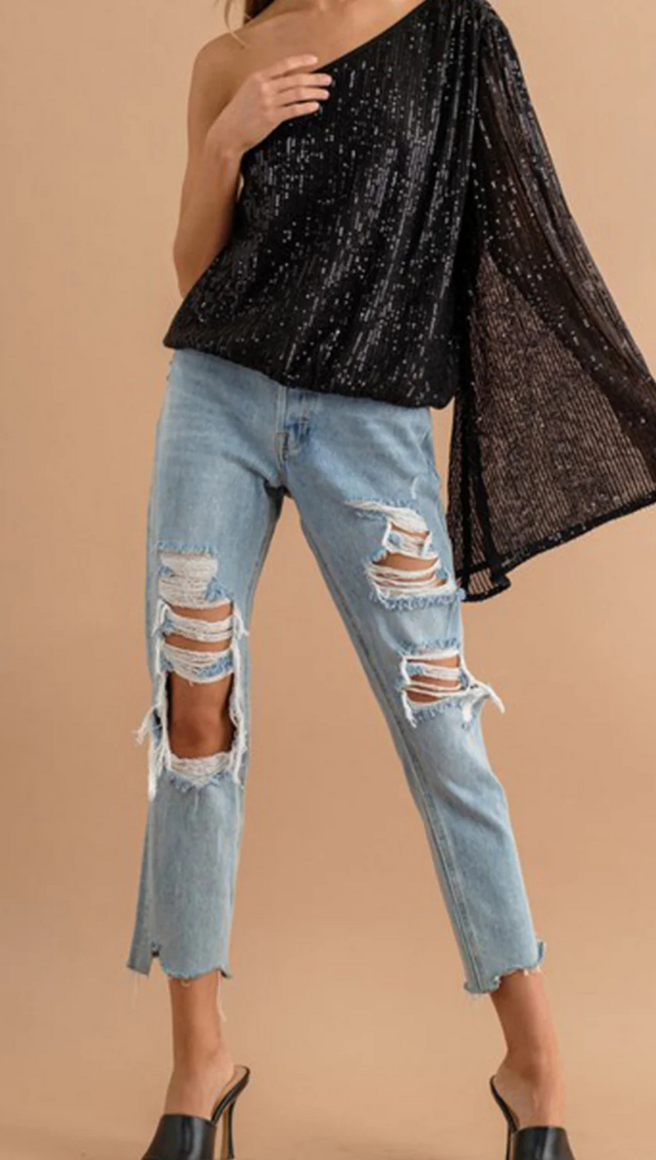 SEQUIN ONE SHOULDER BELL SLEEVE TOP