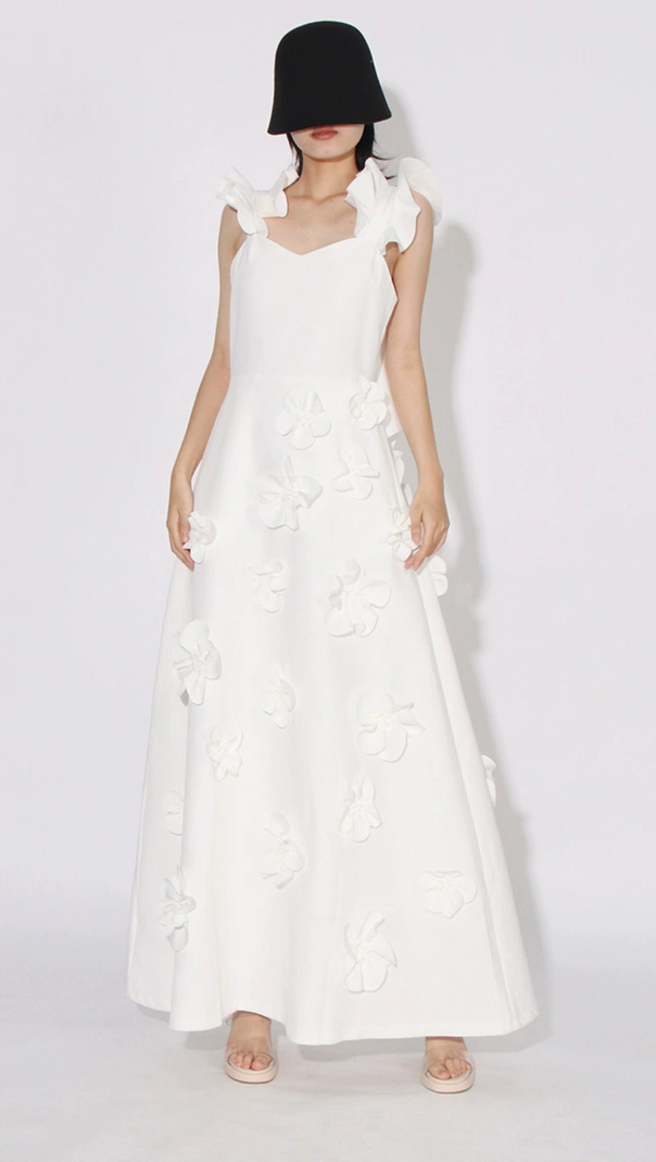 AIIZIE FLOWER RUFFLE TRIM STRAP MIDI DRESS IN WHITE - product image
