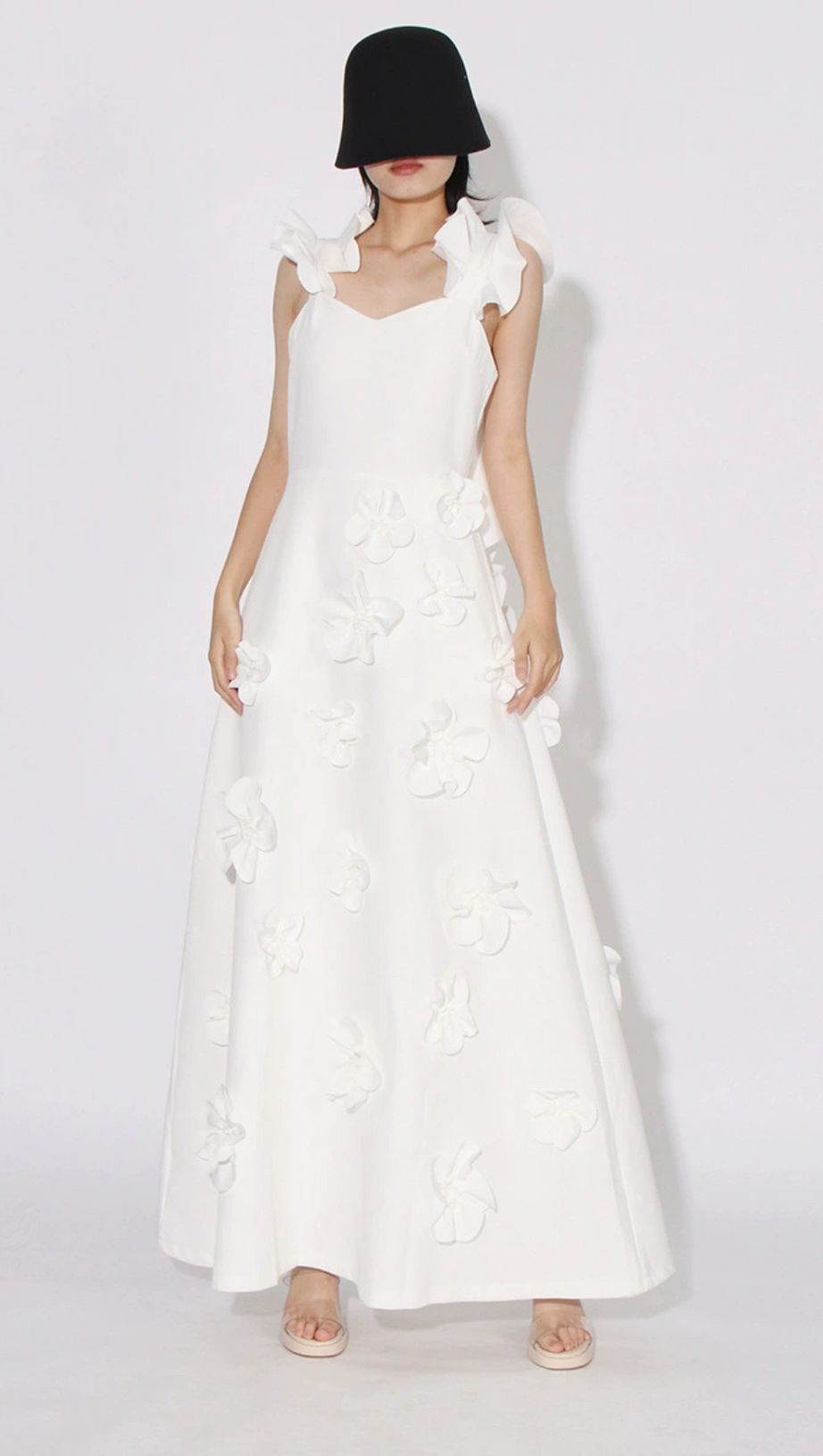 FLOWER RUFFLE TRIM STRAP MIDI DRESS IN WHITE