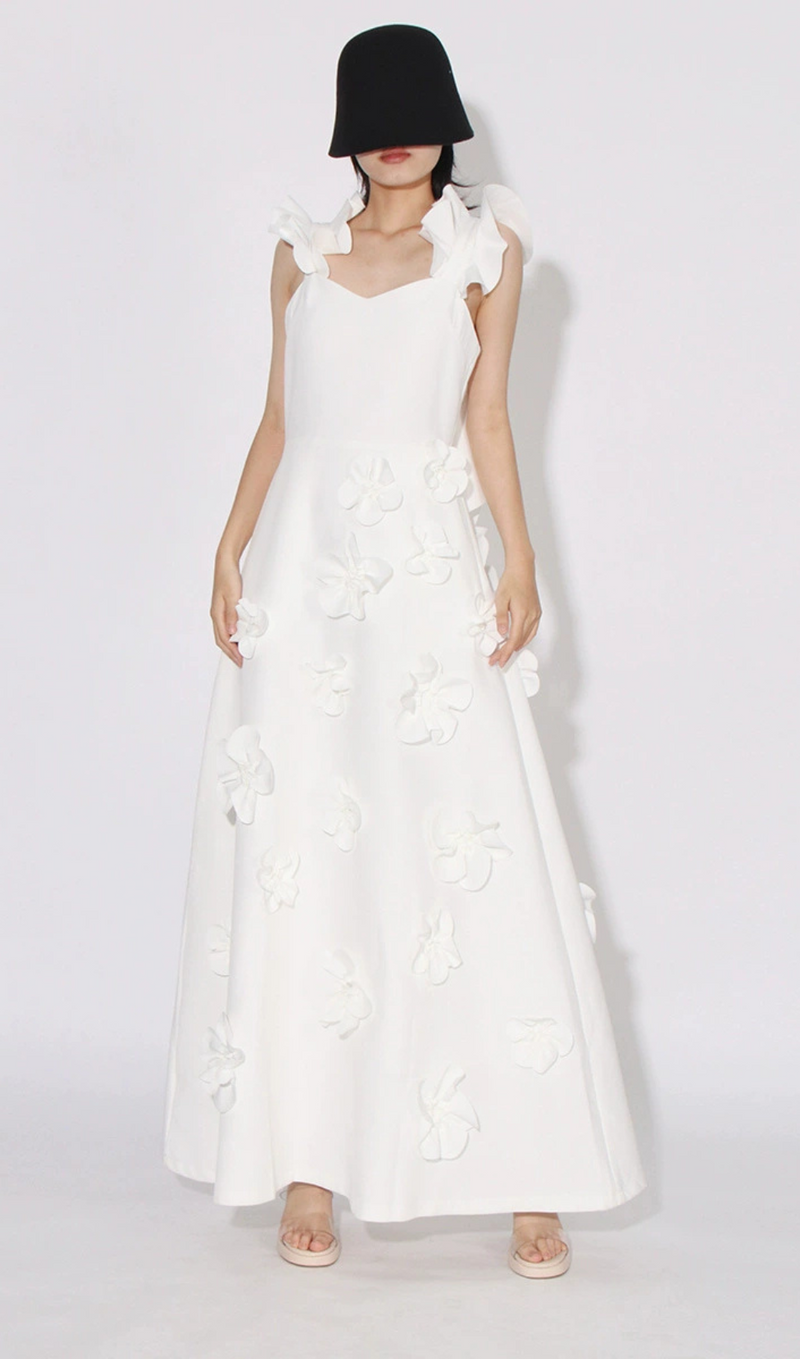 flower ruffle trim strap midi dress in white