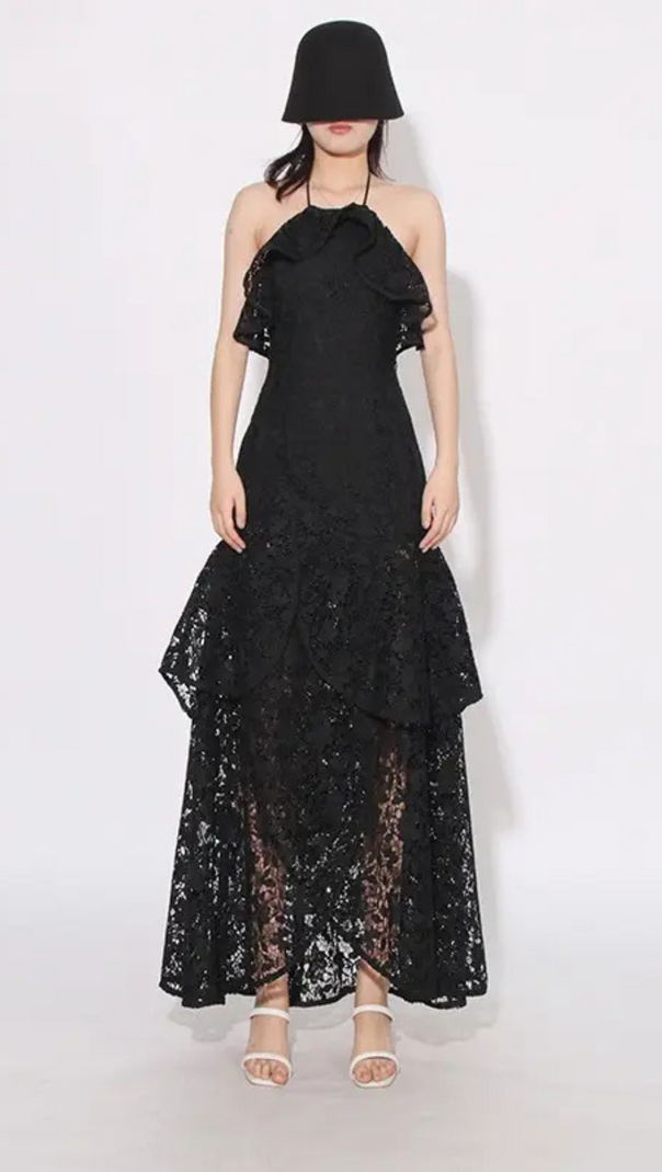 AIIZIE LYNN GARDENIA GUIPURE LACE RUFFLE GOWN IN BLACK - product image