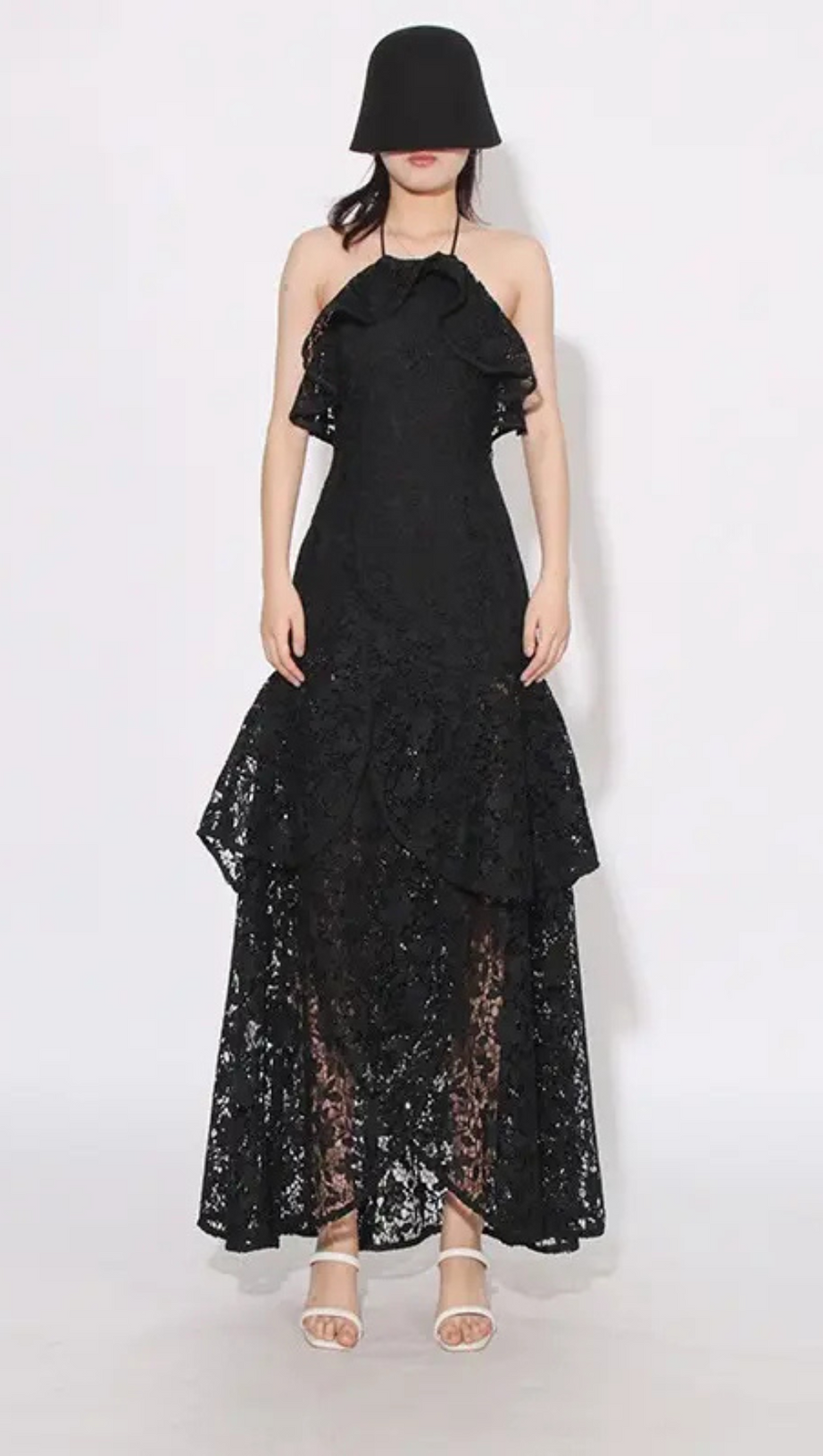 LYNN GARDENIA GUIPURE LACE RUFFLE GOWN IN BLACK
