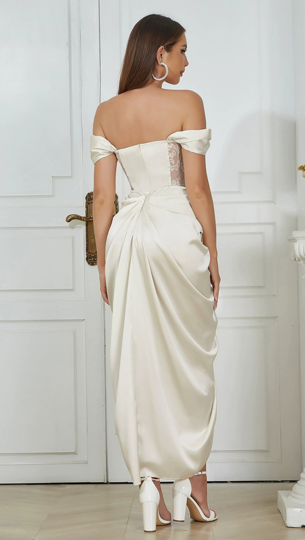 AIIZIE CAMILLE WHITE SATIN CORSET OFF SHOULDER GOWN - product image