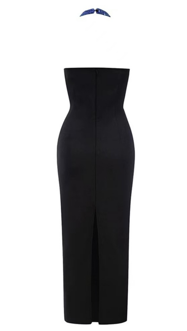 AIIZIE TWO TONE CUT OUT BACKLESS SPLIT BACK HALTER NECK DRESS - product image