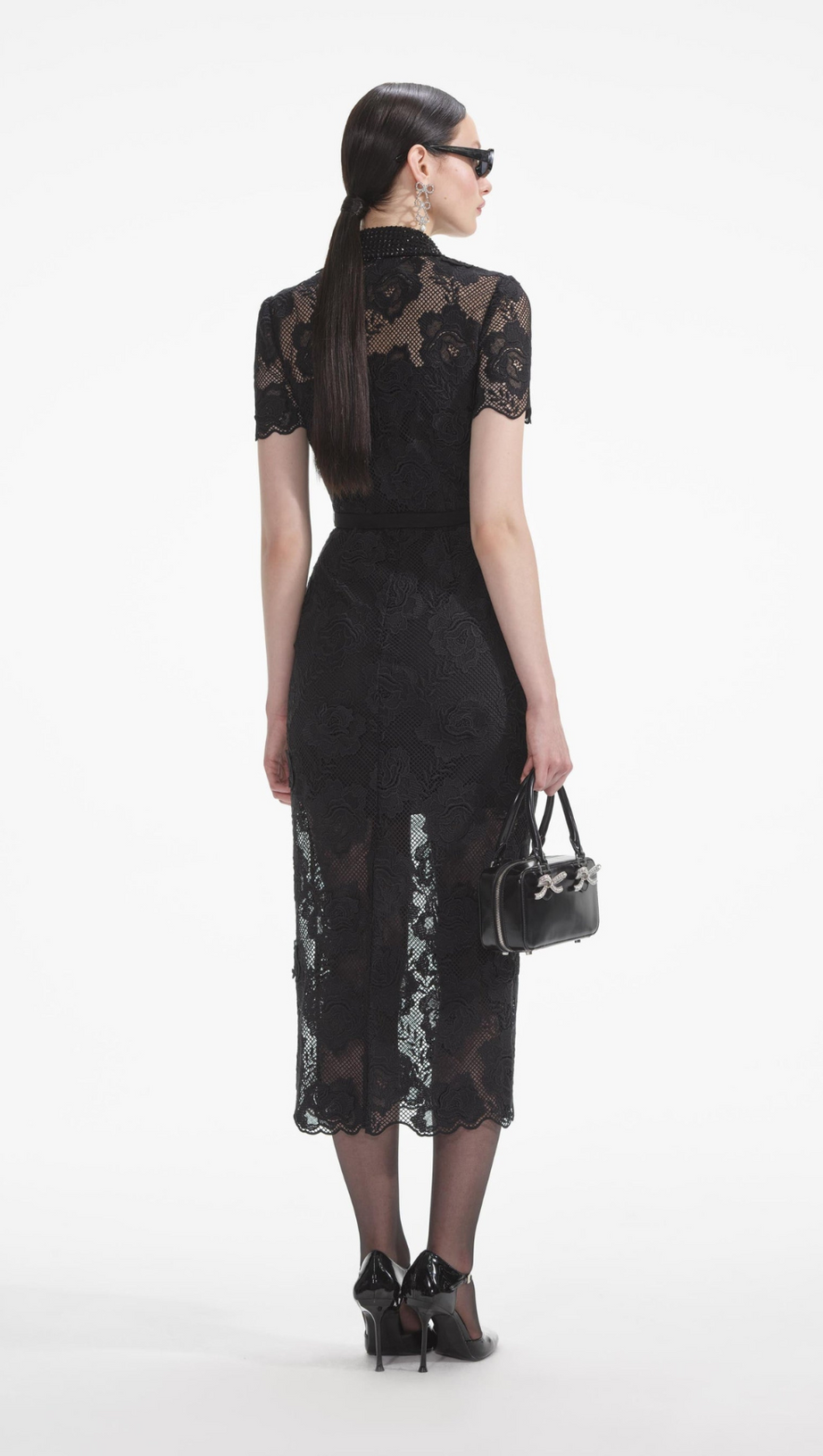 BLACK LACE DIAMANTE MIDI DRESS