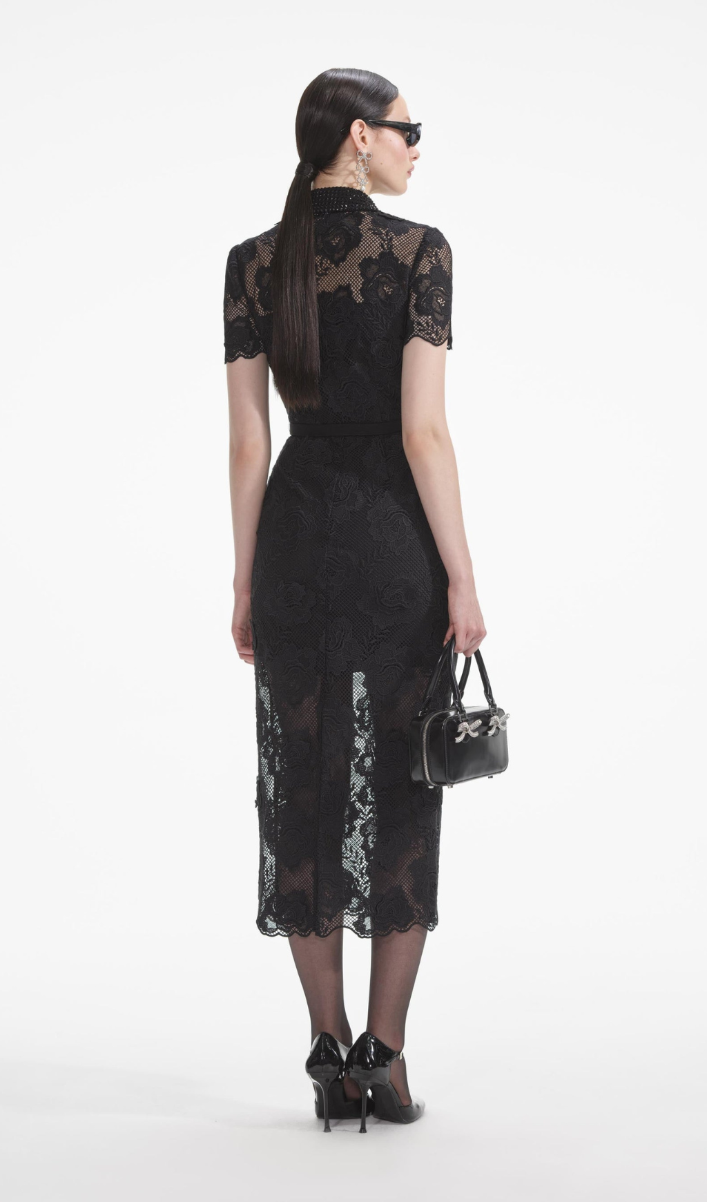 BLACK LACE DIAMANTE MIDI DRESS