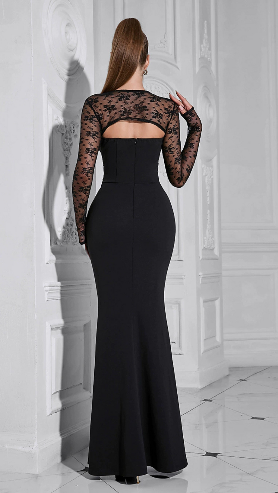JACQUELINE TULLE SLEEVE BANDAGE MAXI DRESS IN BLACK