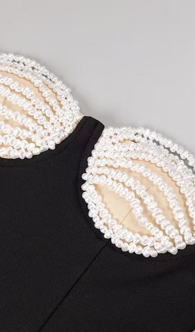 PEARL EMBELLISHED OFF-SHOULDER HIGH SPLIT DRESS