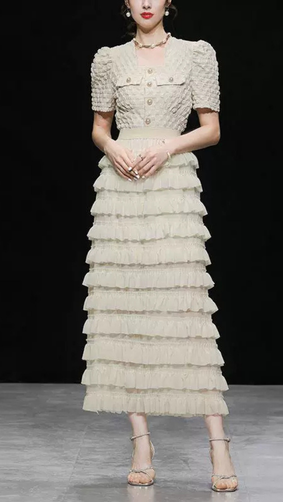 CHARLOTTE APRICOT PUFF SLEEVE RUFFLES CHIFFON MIDI DRESS