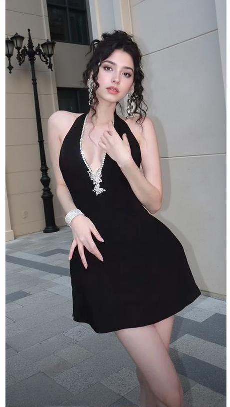 Neckholder-Minikleid mit Schleife und V-Ausschnitt