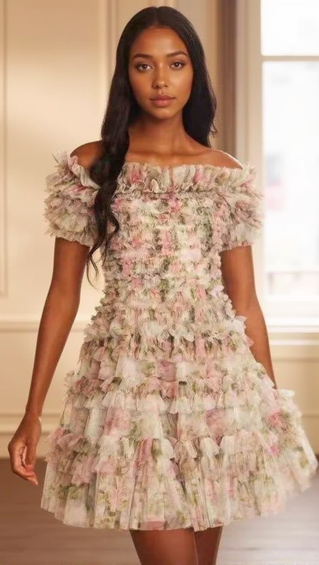 OFF-SHOULDER-MINIKLEID MIT FLORALEM DESIGN AUS NYLON