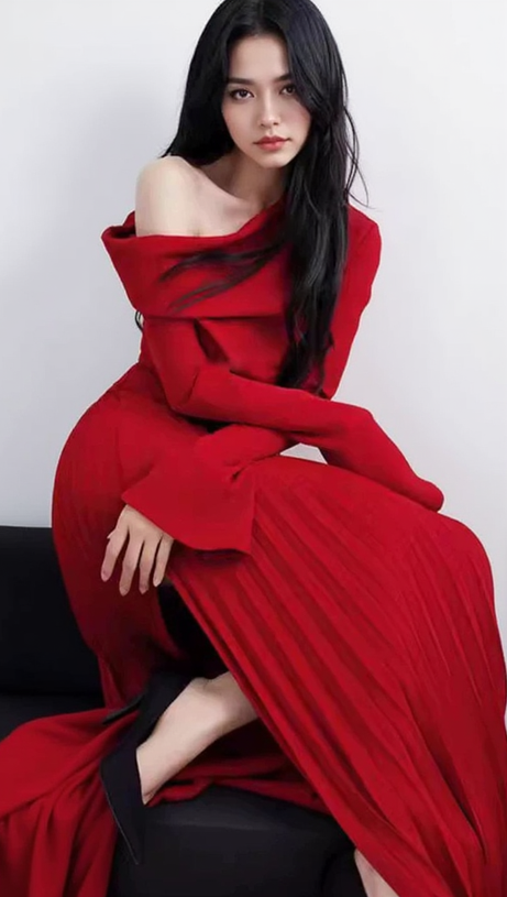 ALBERTA RED ONE SHOULDER SLIT PLEATED MAXI DRESS