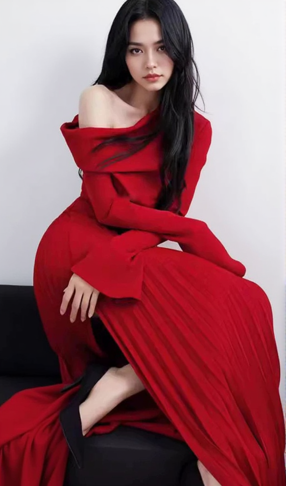 AIIZIE ALBERTA RED ONE SHOULDER SLIT PLEATED MAXI DRESS - product image