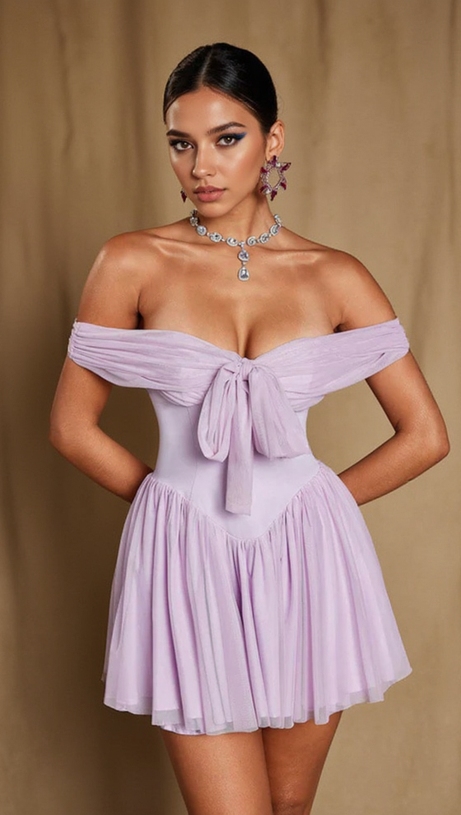 YVETTE PALE PURPLE OFF SHOULDER MESH MINI DRESS