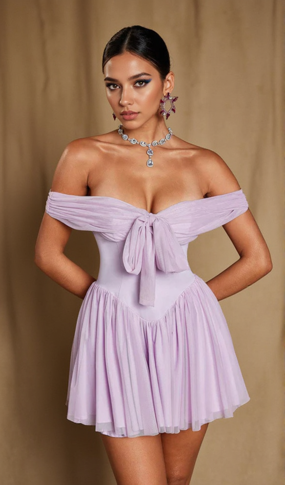 YVETTE PALE PURPLE OFF SHOULDER MESH MINI DRESS