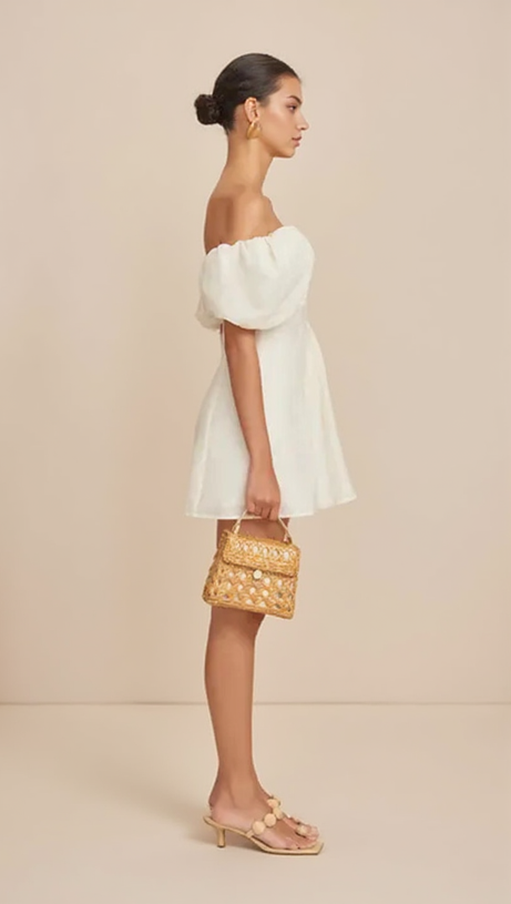 MINI ABITO IN SETA CON SPALLE SCOPERTE E VOLANT, BIANCO