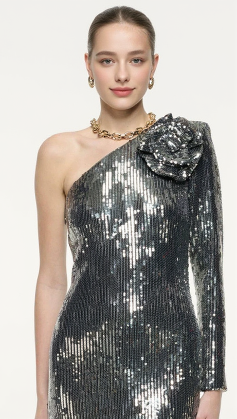 FLORAL-APPLIQUÉ SEQUIN GOWN IN SILVER