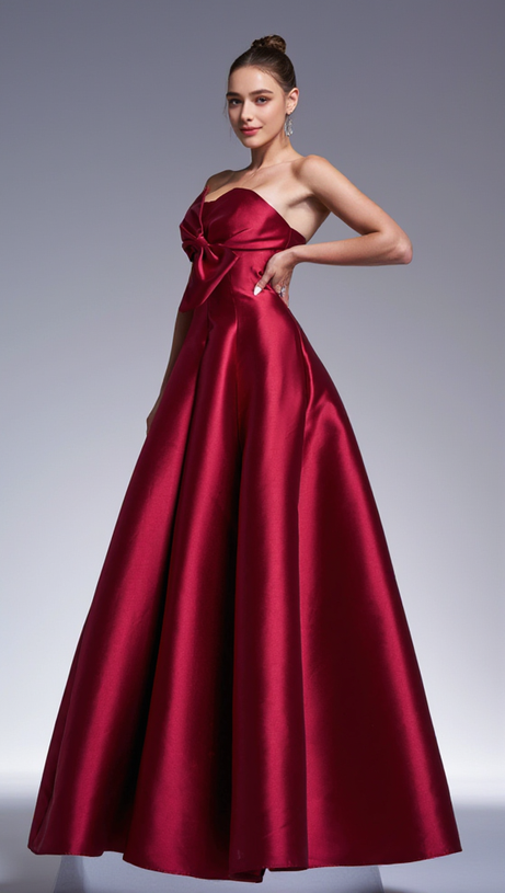 BOW SATIN MAXI DRESS IN BURGUNDY