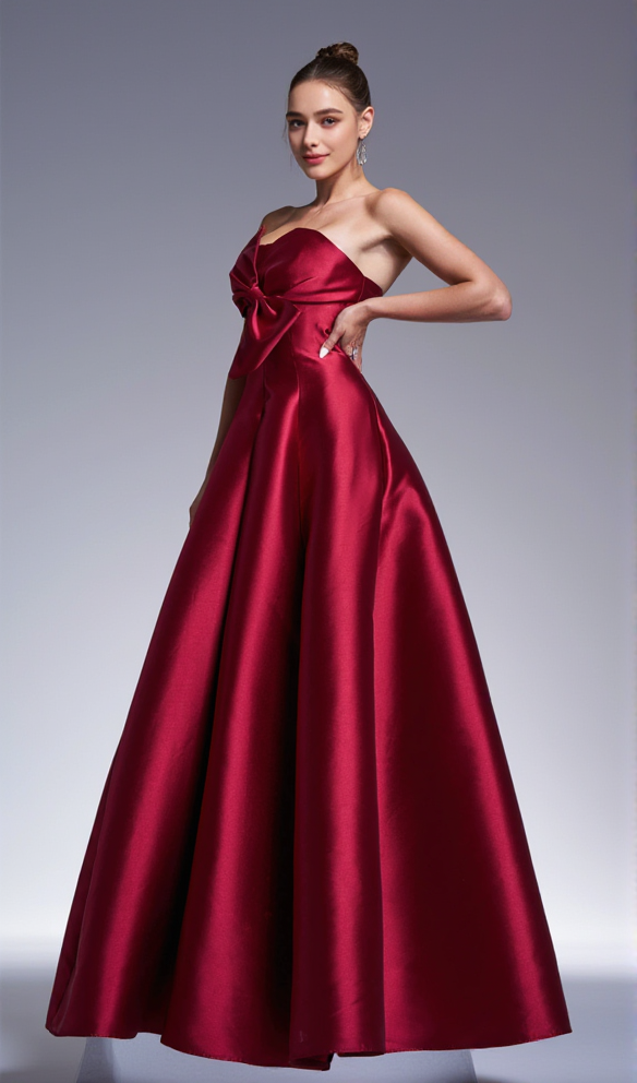 AIIZIE BOW SATIN MAXI DRESS IN BURGUNDY - product image