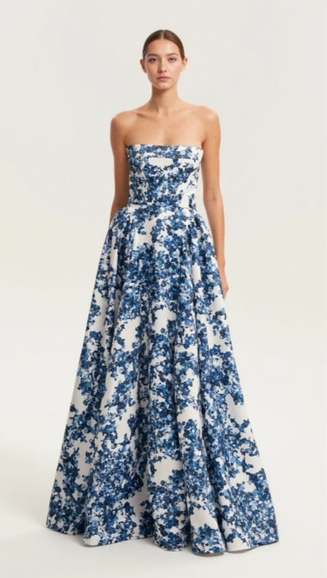 LETITIA BLUE HYDRANGEA STRAPLESS MAXI DRESS