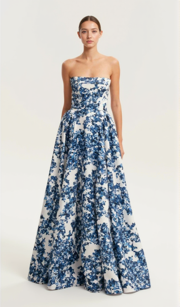 AIIZIE LETITIA BLUE HYDRANGEA STRAPLESS MAXI DRESS - product image