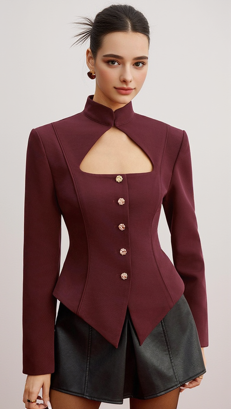 AYMEE CUTOUT BUTTON BLAZER IN BURGUNDY