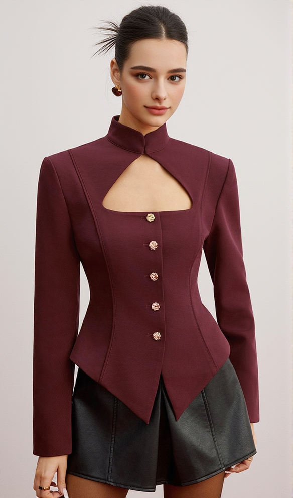 AYMEE CUTOUT BUTTON BLAZER IN BURGUNDY