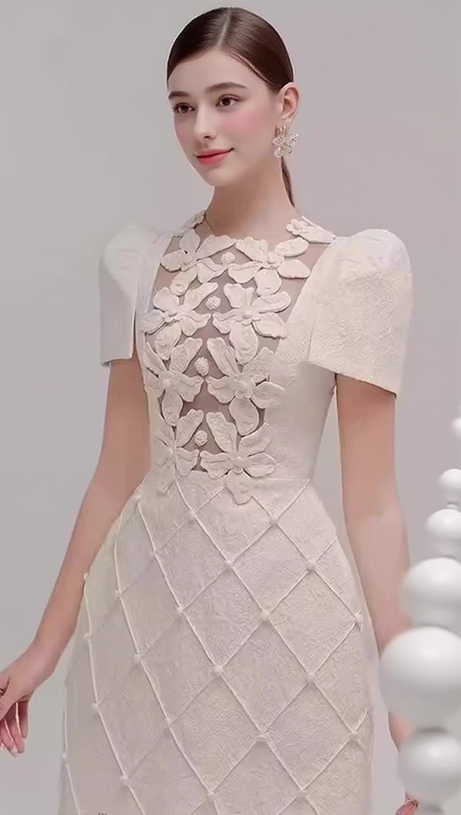 EPHIGENIE FLOWER PEARL MINI DRESS IN BEIGE