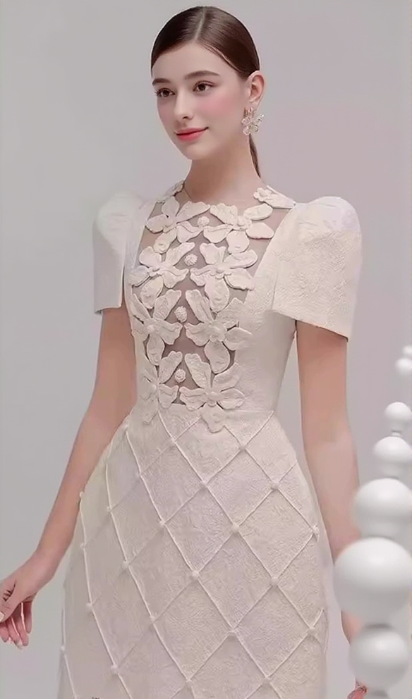 EPHIGENIE FLOWER PEARL MINI DRESS IN BEIGE