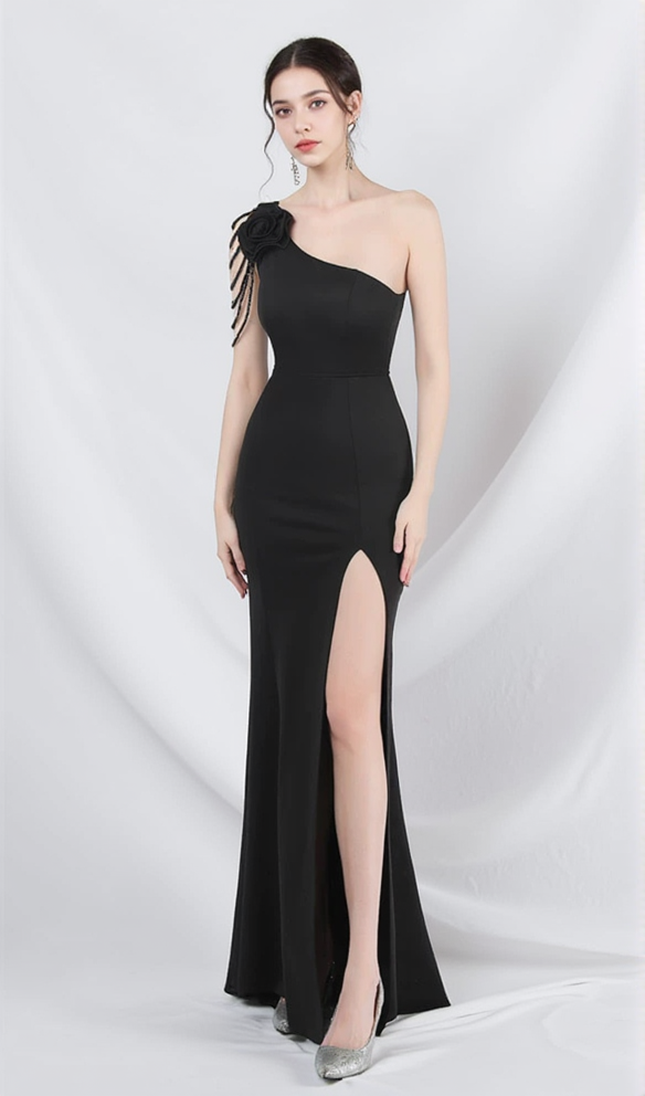 DOLORES ONE-SHOULDER FLORAL MAXI DRESS IN BLACK