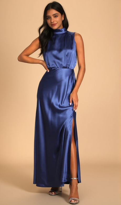 Abito lungo senza maniche in raso blu con collo alto