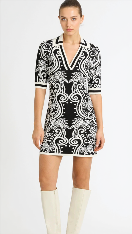 KNIT VINTAGE PATTERN MINI DRESS IN BLACK