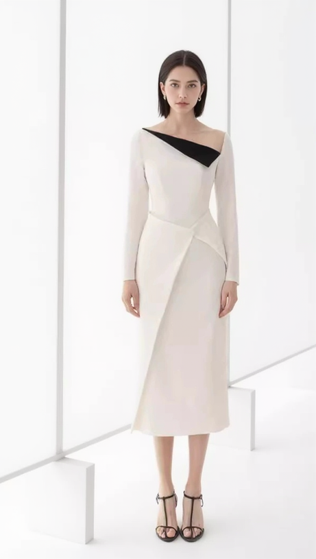 REGINA WHITE ASYMMETRIC NECK POLYCOTTON SHEATH MIDI DRESS
