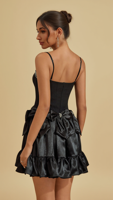 DIAMOND BOW MINI DRESS IN BLACK