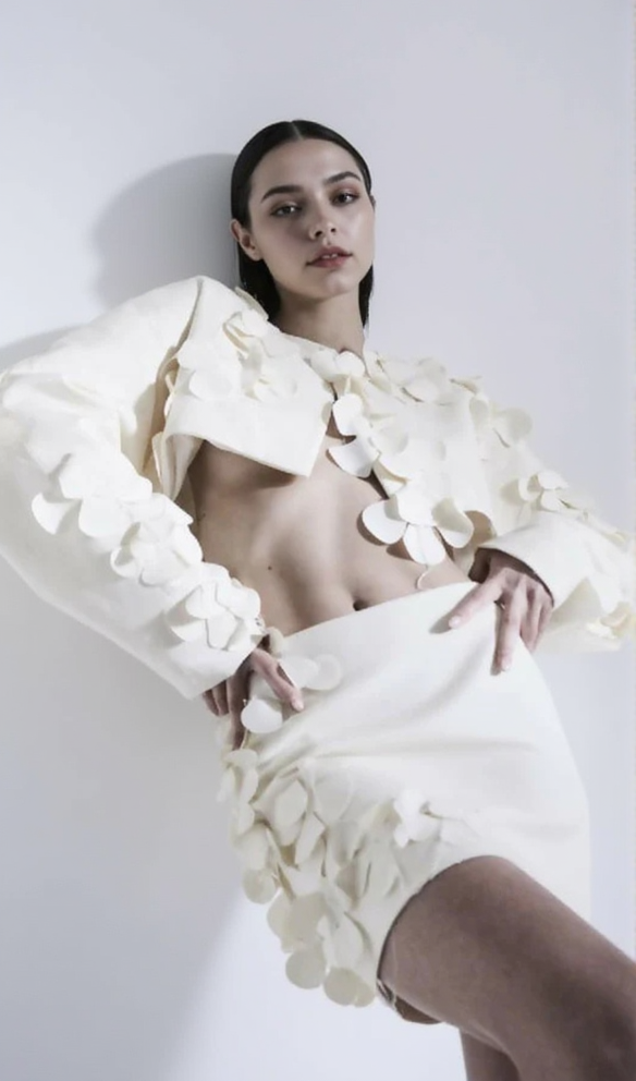 AIIZIE ESTHER WHITE 3D FLORAL LONG SLEEVE TOP MINI SKIRT SET - product image