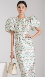 PUFF-SLEEVE FLORAL PRINTED MIDI DRESS