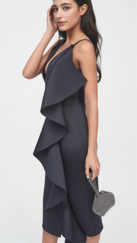 ASYMMETRIC DRAPED FRILL SCUBA DRESS
