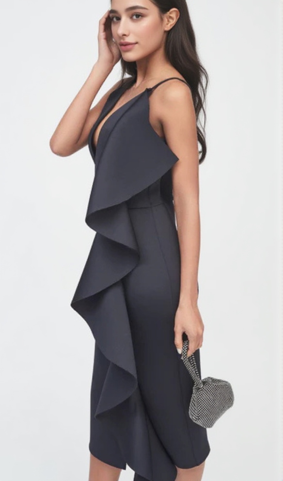 ASYMMETRIC DRAPED FRILL SCUBA DRESS