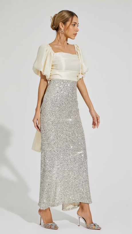 MARIA APRICOT BOW SEQUINS EMBELLISHED MAXI DRESS