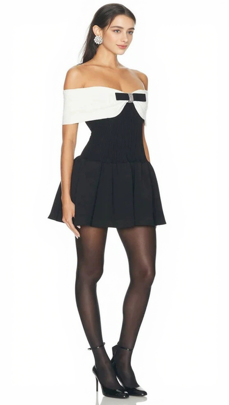 BLACK OFF-SHOULDER KNIT BOW MINI DRESS