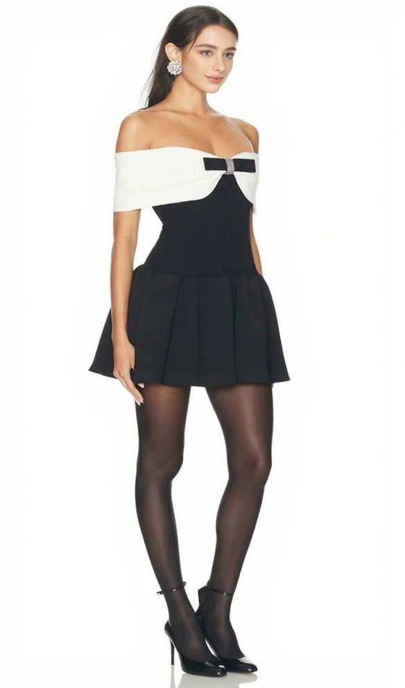 AIIZIE BLACK OFF-SHOULDER KNIT BOW MINI DRESS - product image