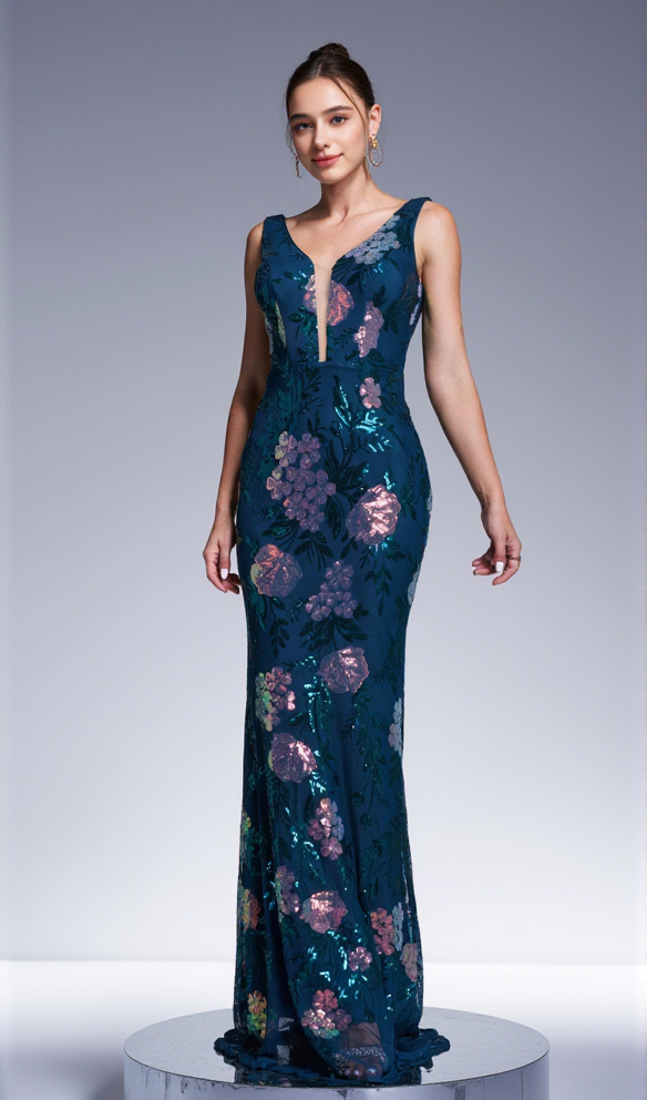 AIIZIE SLEEVELESS SEQUIN PRINT MAXI DRESS IN DARK GREEN - product image