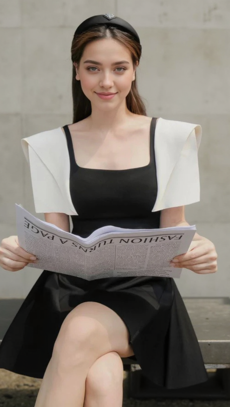 BARBARA BLACK SQUARE NECK MINI DRESS WITH WHITE SHOULDER