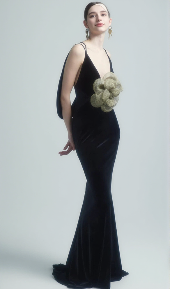 AIIZIE HARRIET GOLD 3D FLOWER BODYCON BLACK MAXI DRESS - product image