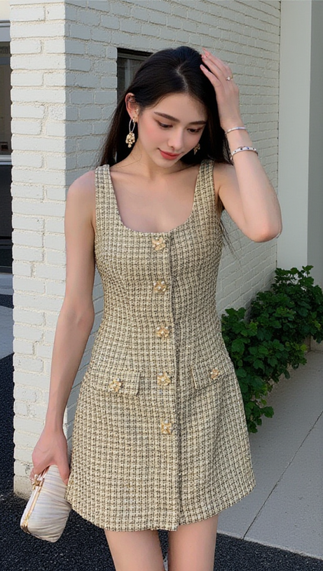 SEQUIN-EMBELLISHED CHECKED METALLIC BOUCLÉ-TWEED MINI DRESS IN GOLD