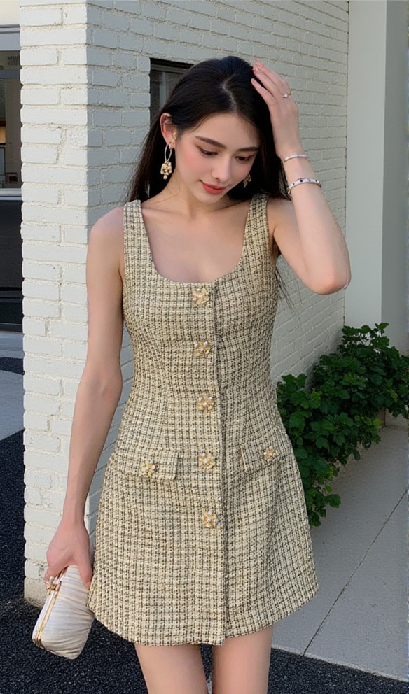 SEQUIN-EMBELLISHED CHECKED METALLIC BOUCLÉ-TWEED MINI DRESS IN GOLD