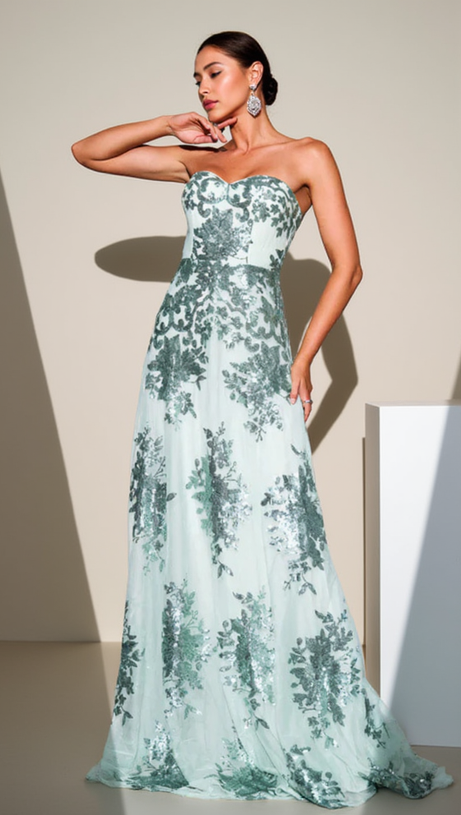 DINAH STRAPLESS SEQUIN A-LINE MAXI DRESS IN GREEN