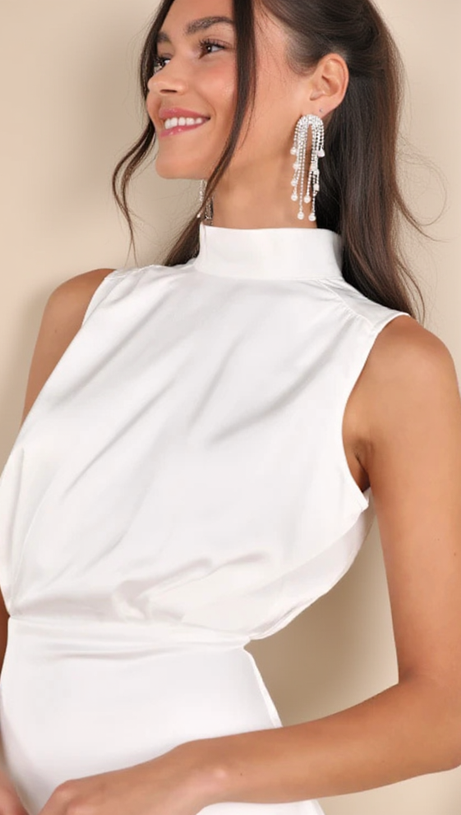 WHITE SATIN SLEEVELESS MOCK NECK MINI DRESS